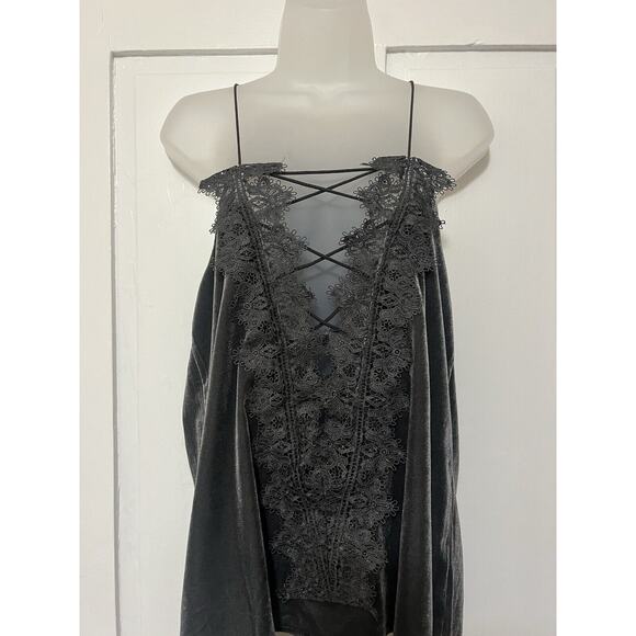 Do + Be Tops - Do + Be Womens Crushed Velvet Crochet Lace Up Gray Tank Top Large Coquette Goth‎